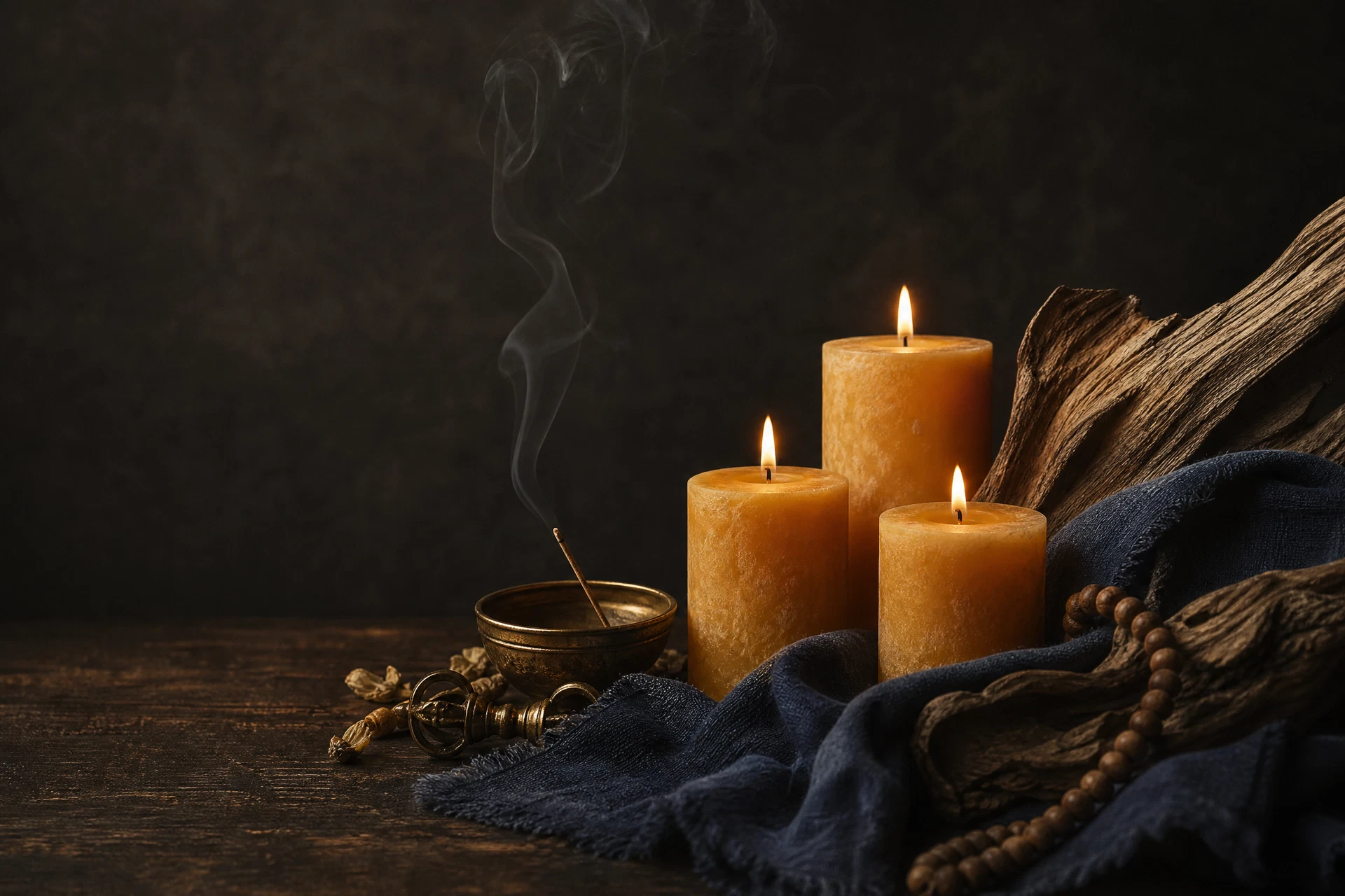 Bougies et tissu indigo dans une ambiance traditionnelle