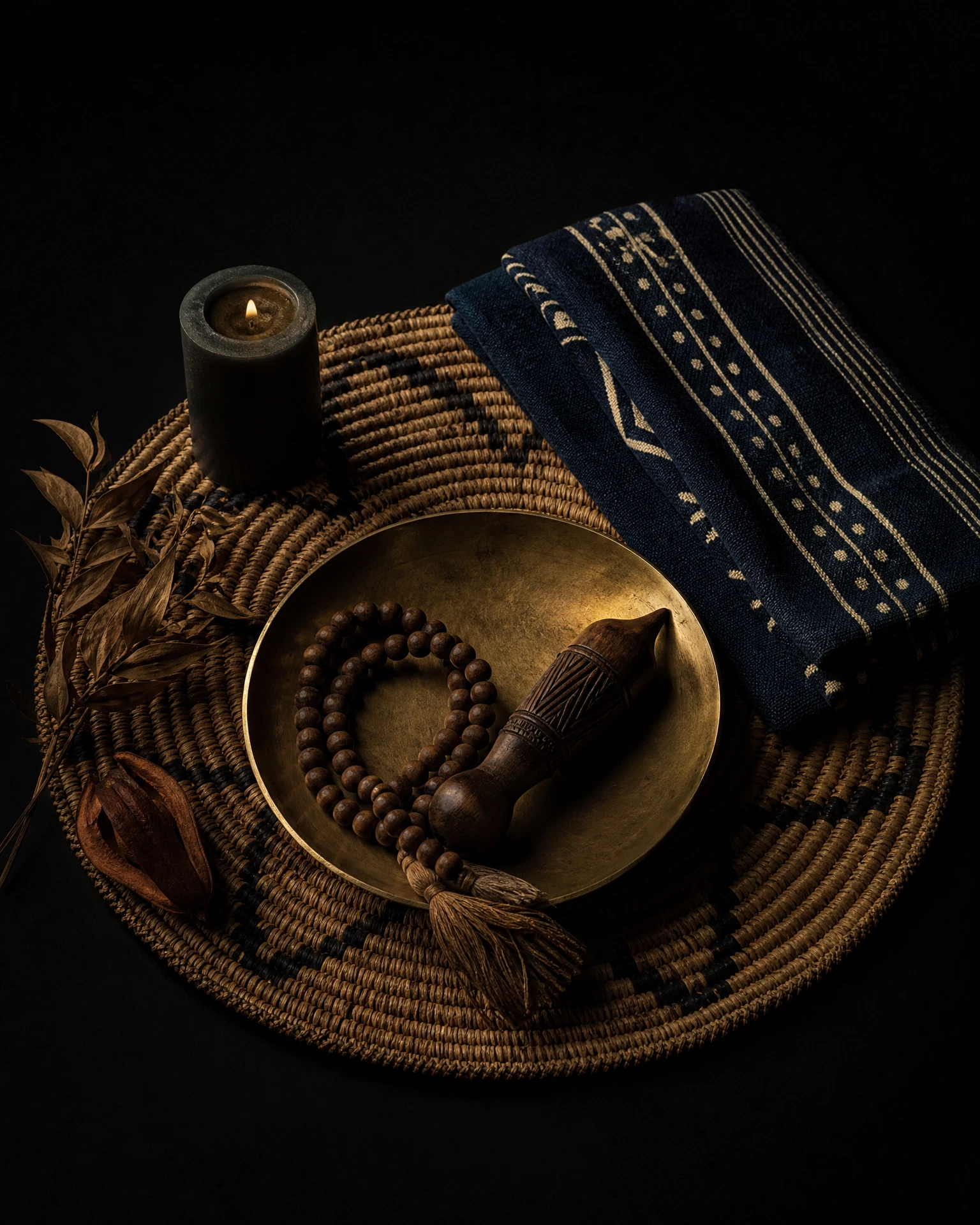 Outils traditionnels et bougies dans une ambiance spirituelle